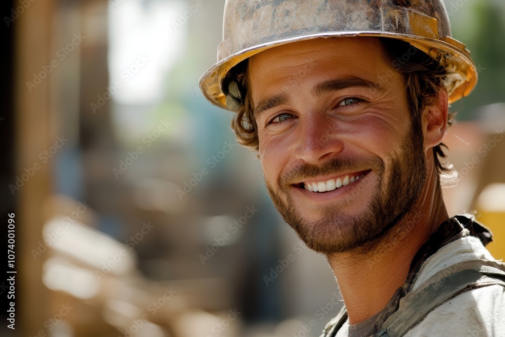Smiling construction worker in a hard hat. Perfect for projects about labor, construction, or safety. Smiling construction worker in a hard hat. Perfect for projects about labor, construction, or safety.