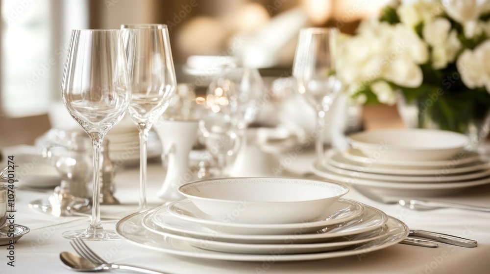 Elegant white tableware set on a table with a blurred background. Elegant white tableware set on a table with a blurred background.