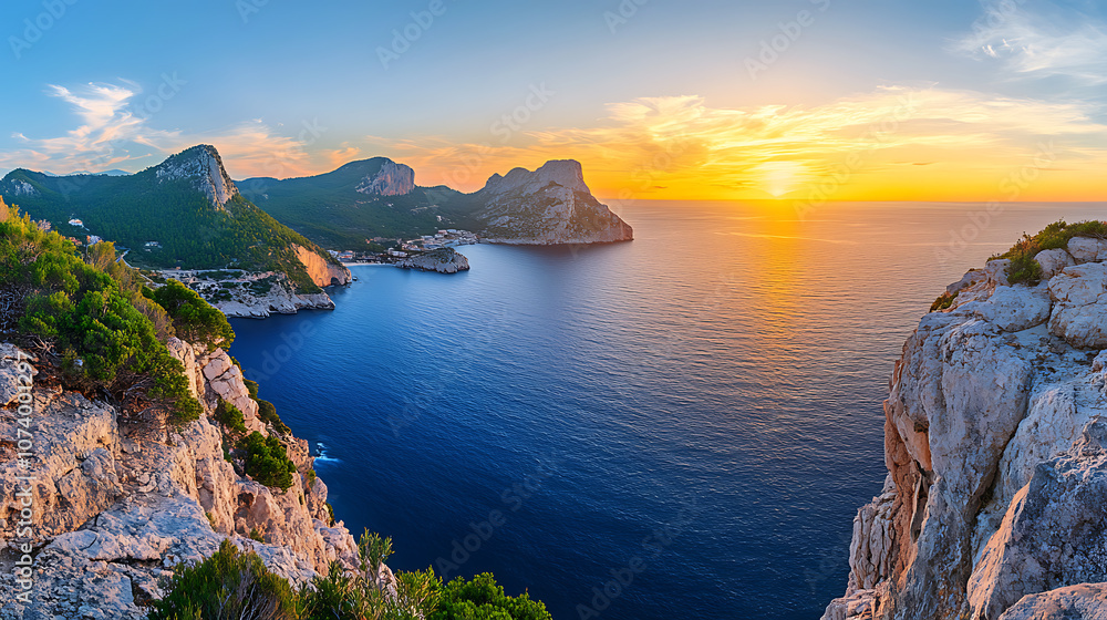 Panoramic view of the sea, sunset with orange and blue sky, green mountains in the distance, blue water surface, panoramic photography Panoramic view of the sea, sunset with orange and blue sky, green mountains in the distance, blue water surface, panoramic photography