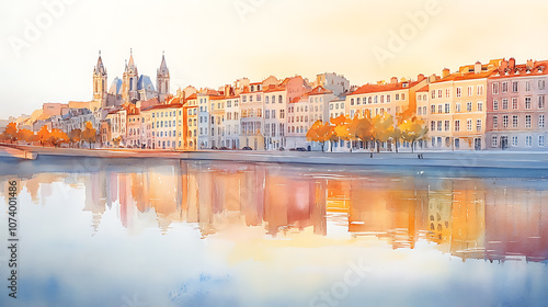Serene saone river reflecting colorful historic buildings of lyon france soft golden hour light watercolor painting
