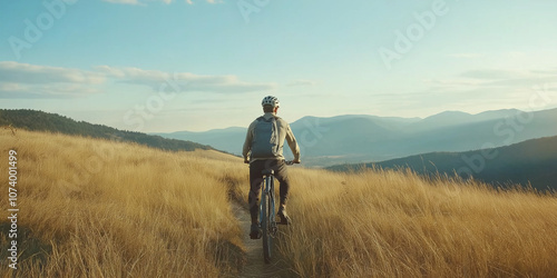 Cyclist riding mountain bike on trail exploring scenic landscape