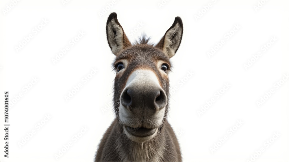 Generative AI, close-up of a gray donkey with soulful eyes against white background Generative AI, close-up of a gray donkey with soulful eyes against white background