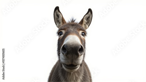 Generative AI, close-up of a gray donkey with soulful eyes against white background