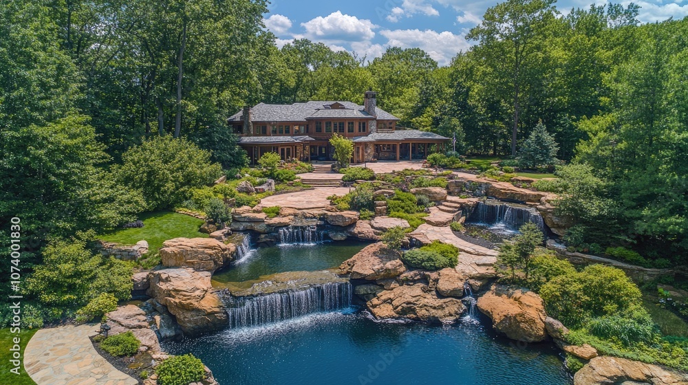 Aerial View of a Luxurious Residence Surrounded by Lush Greenery and Serene Waterfalls, Showcasing an Expansive Outdoor Landscape and Elegant Architecture Aerial View of a Luxurious Residence Surrounded by Lush Greenery and Serene Waterfalls, Showcasing an Expansive Outdoor Landscape and Elegant Architecture