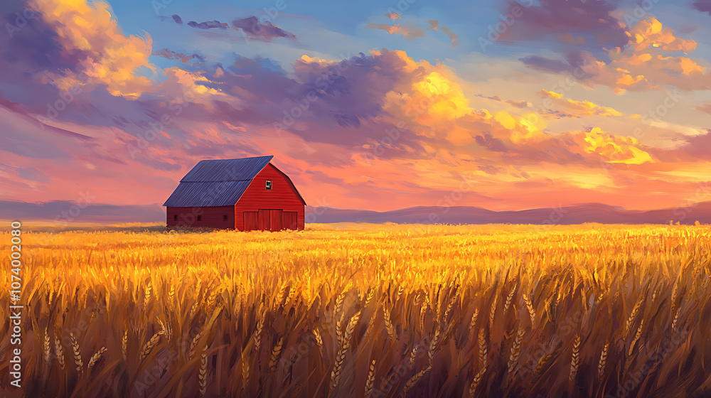 Red barn amidst golden wheat fields at sunset concept of rural serenity Red barn amidst golden wheat fields at sunset concept of rural serenity