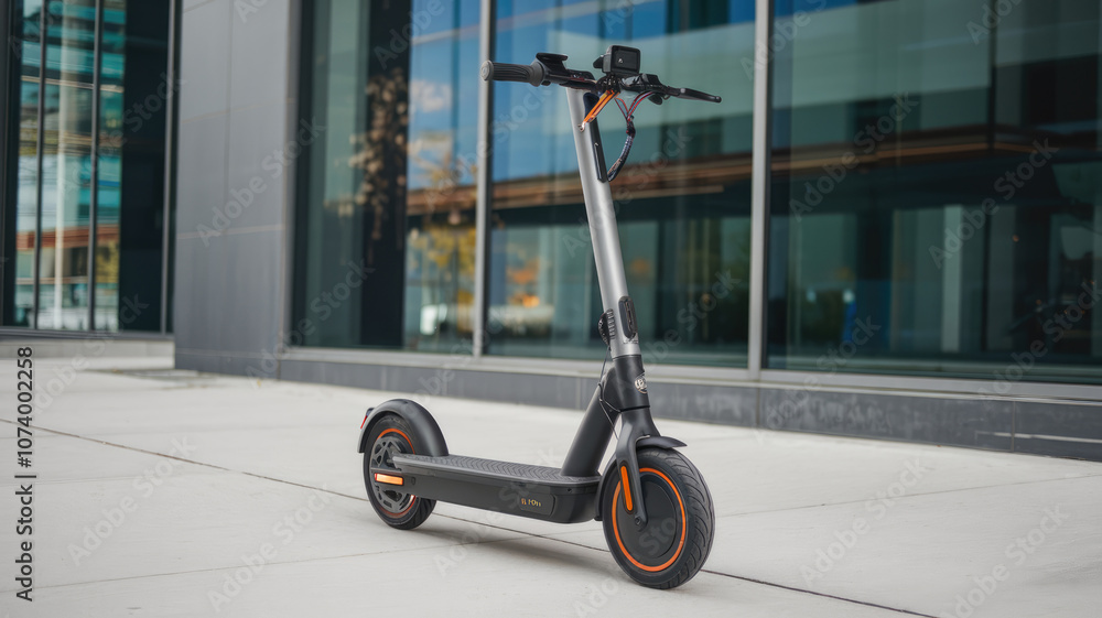 A black scooter with orange accents is parked on a sidewalk in front of a building. The scooter is leaning against a wall, and it is a Segway-like device. Concept of urban mobility A black scooter with orange accents is parked on a sidewalk in front of a building. The scooter is leaning against a wall, and it is a Segway-like device. Concept of urban mobility