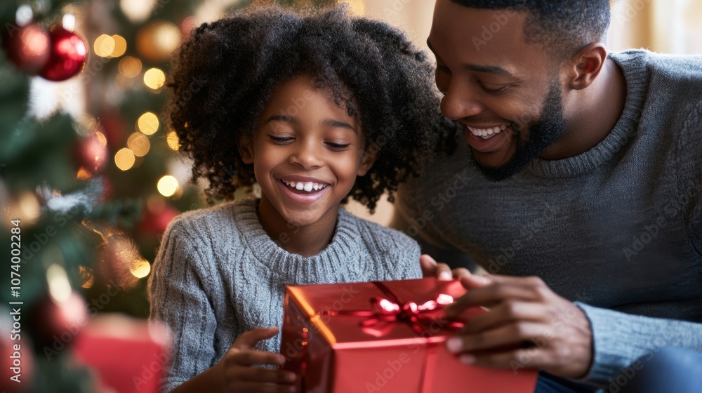 A joyful child unwrapping a Christmas gift with their father A joyful child unwrapping a Christmas gift with their father