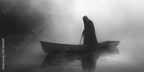 Death rowing in a boat on the river styx in the underworld
