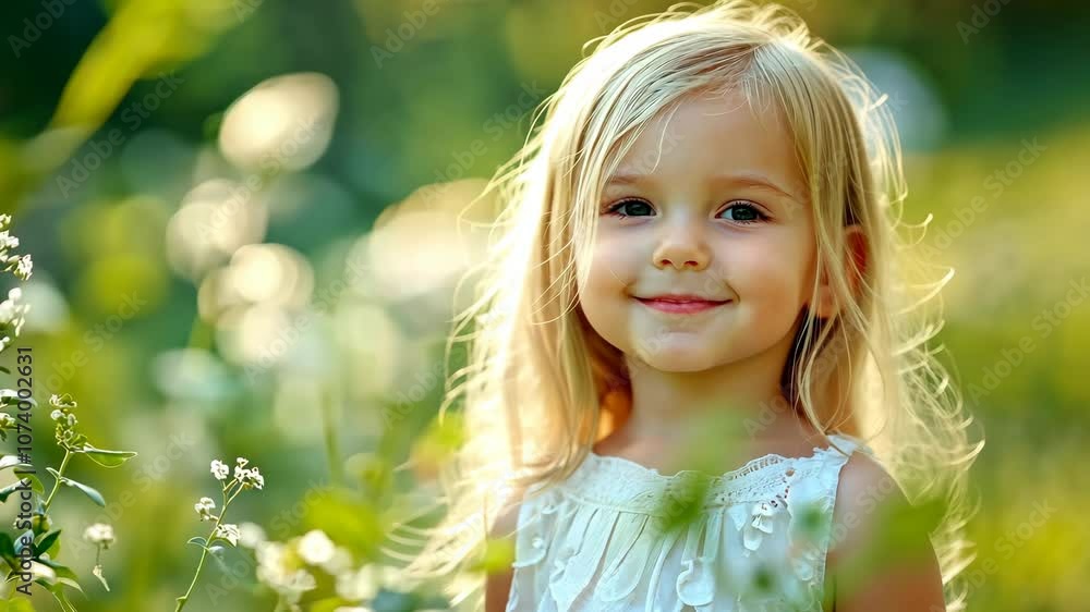 Cute little blonde girl in white dress on grass, playful smile; blurred greenery adds focus on her expression. Cute little blonde girl in white dress on grass, playful smile; blurred greenery adds focus on her expression.