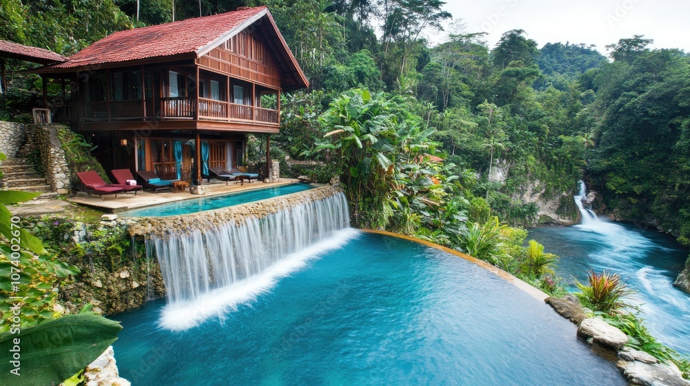 Naklejka premium Serene Tropical Retreat with Private Pool and Lush Greenery Surrounding a Charming Wooden House Overlooking a Scenic Waterfall in a Beautiful Landscape