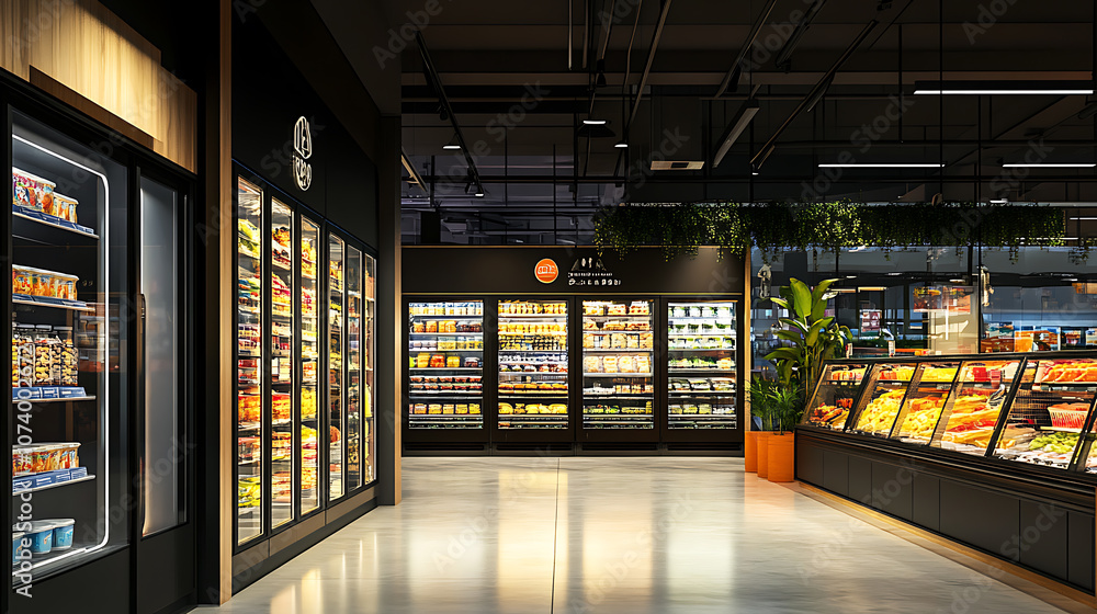 Refrigerated frozen food section with illuminated glass door displays in modern supermarket interior 3d illustration Refrigerated frozen food section with illuminated glass door displays in modern supermarket interior 3d illustration