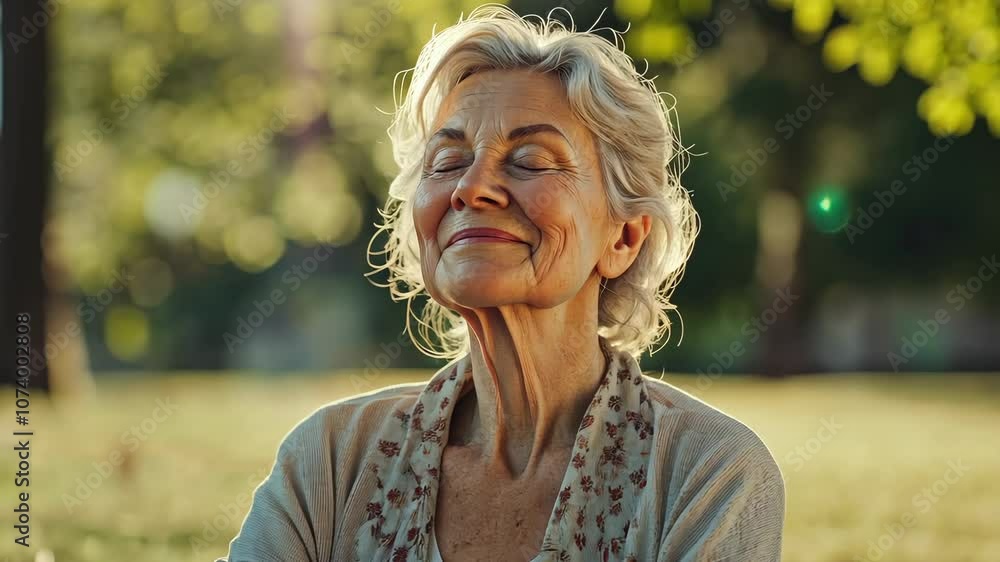 Blonde elderly woman on a blanket in a park, warm smile, eyes closed; blurred green background adds depth. Blonde elderly woman on a blanket in a park, warm smile, eyes closed; blurred green background adds depth.