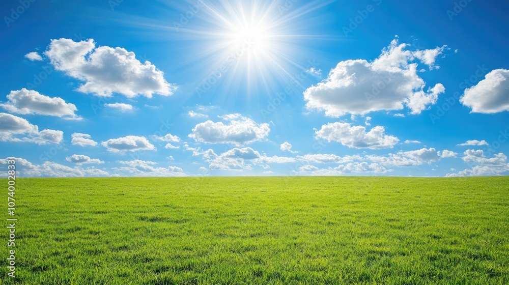 Obraz premium Bright Sunny Sky with Fluffy Clouds Over Lush Green Grass Field, Representing Natural Beauty, Tranquility, and Vibrant Outdoor Landscapes in a Clear Summer Day