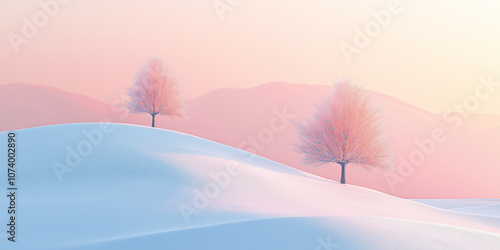 Two pink trees growing on snowy hills at sunset