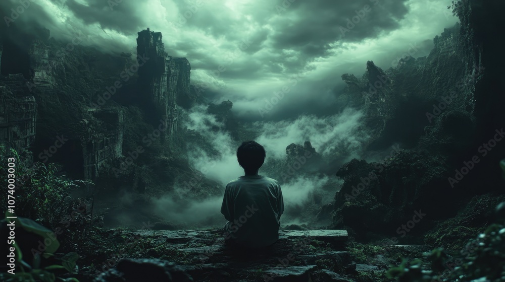 A lone figure sits in the misty ruins of a forgotten city, contemplating the past.