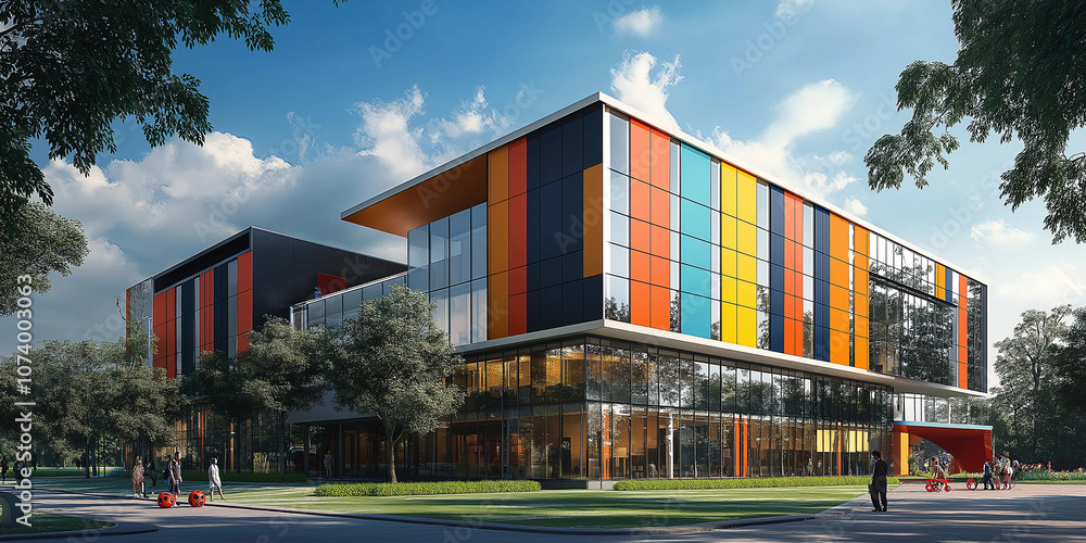 Obraz premium Modern office building exterior with colorful facade on sunny day
