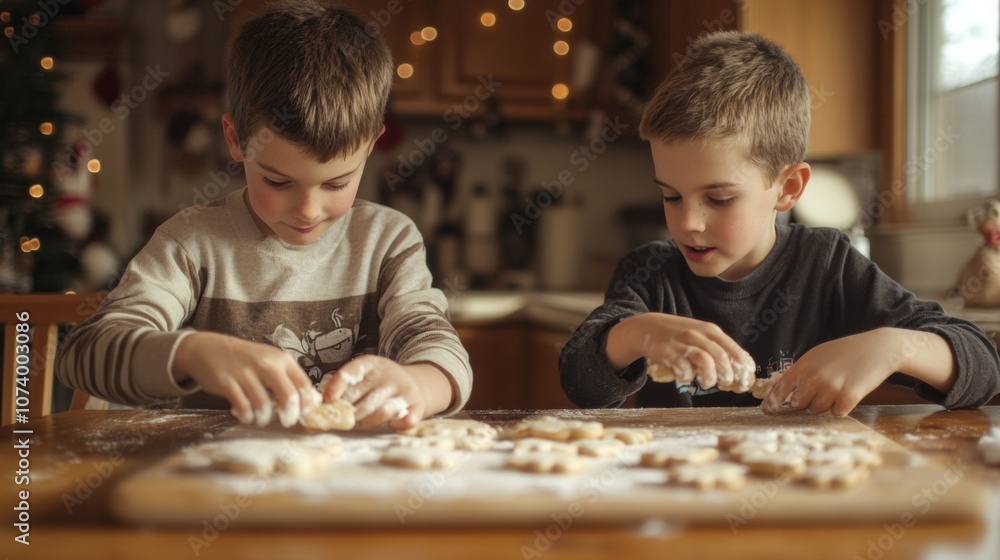 Two boys baking cookies together in a cozy kitchen during winter Two boys baking cookies together in a cozy kitchen during winter