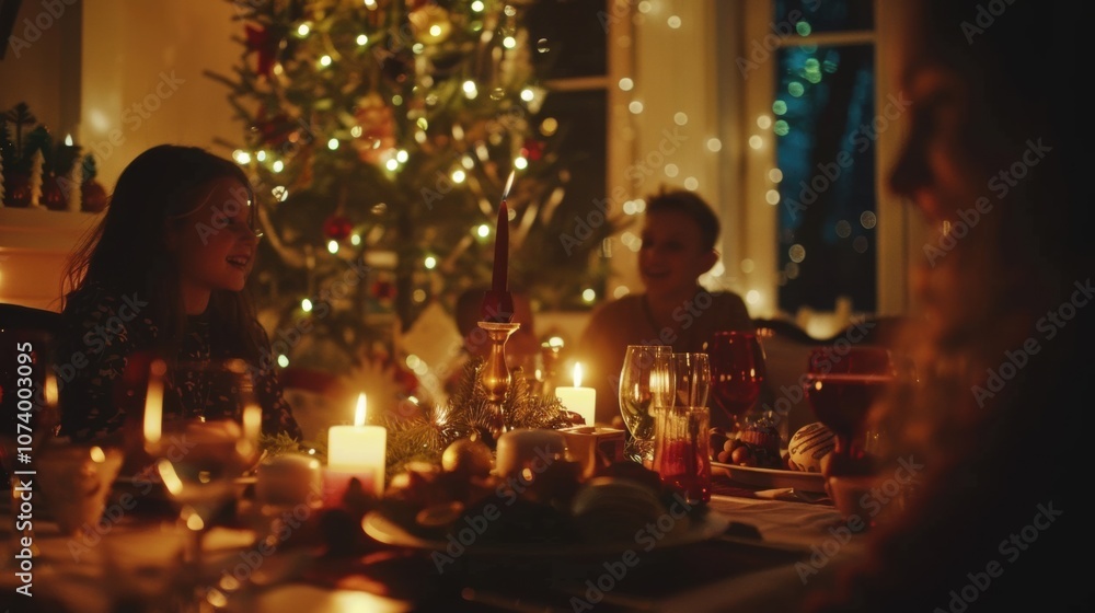 Cozy holiday gathering with friends by candlelight and Christmas tree Cozy holiday gathering with friends by candlelight and Christmas tree
