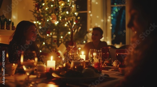 Wallpaper Mural Cozy holiday gathering with friends by candlelight and Christmas tree Torontodigital.ca