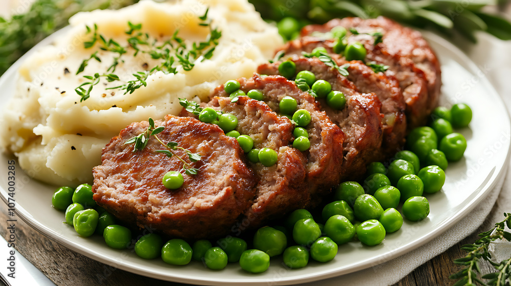 Sliced meatloaf with mashed potatoes and peas food photo Sliced meatloaf with mashed potatoes and peas food photo