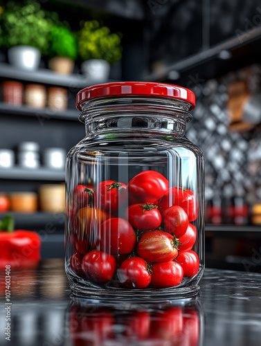Glass jar filled with fresh red tomatoes, placed on a reflective kitchen countertop. Bright kitchen background, creating a cozy and vibrant atmosphere, perfect for culinary or home decor concepts