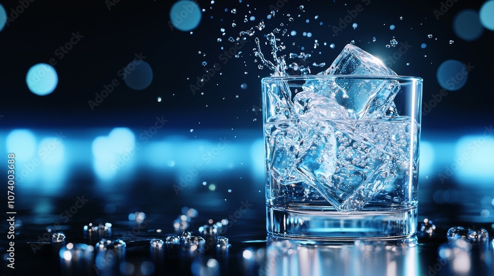 Glass of water with ice, dynamic water splash, vibrant blue backdrop Glass of water with ice, dynamic water splash, vibrant blue backdrop