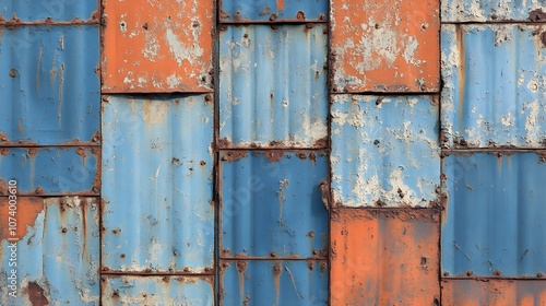 Old metal sheet with rust patches and worn-out paint, weathered by time, vibrant blue and orange contrasts creating an urban, gritty aesthetic