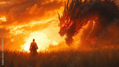 A lone figure stands in a field of tall grass, facing a massive, fiery dragon silhouetted against a vibrant sunset. photo