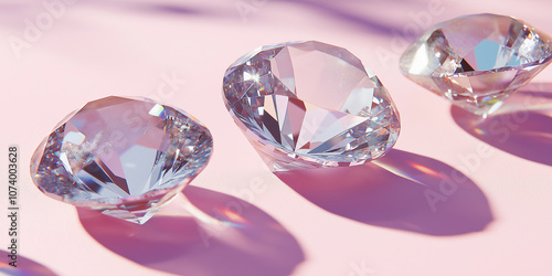 Sparkling diamonds reflecting light on pink background