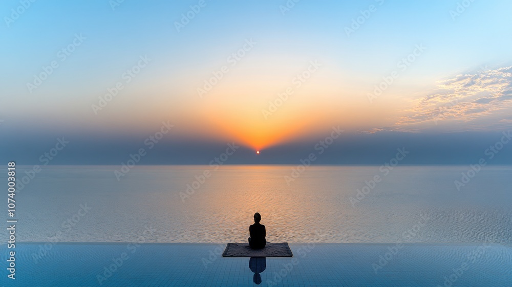 Serene Meditation at Sunrise by the Infinity Pool Overlooking Calm Ocean Waters with a Spectacular Horizon Displaying Warm Colors at Dawn Serene Meditation at Sunrise by the Infinity Pool Overlooking Calm Ocean Waters with a Spectacular Horizon Displaying Warm Colors at Dawn