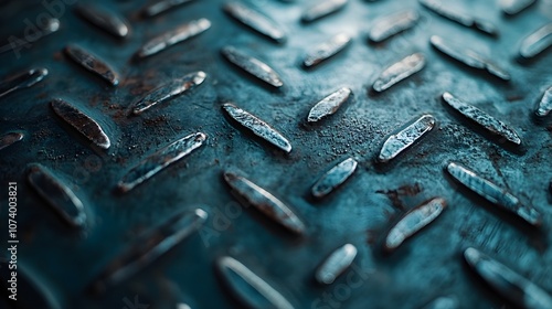 Overhead shot of a steel diamond plate surface, geometric pattern symmetry, soft light reflections, clean minimalist setting, modern industrial feel