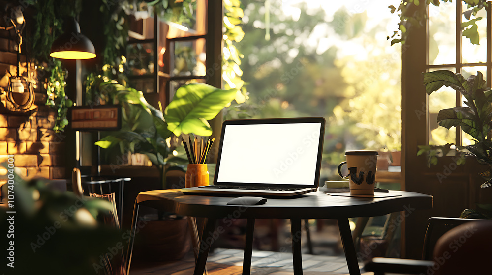 Tranquil workspace in cozy cafe with blank laptop screen mockup digital illustration Tranquil workspace in cozy cafe with blank laptop screen mockup digital illustration