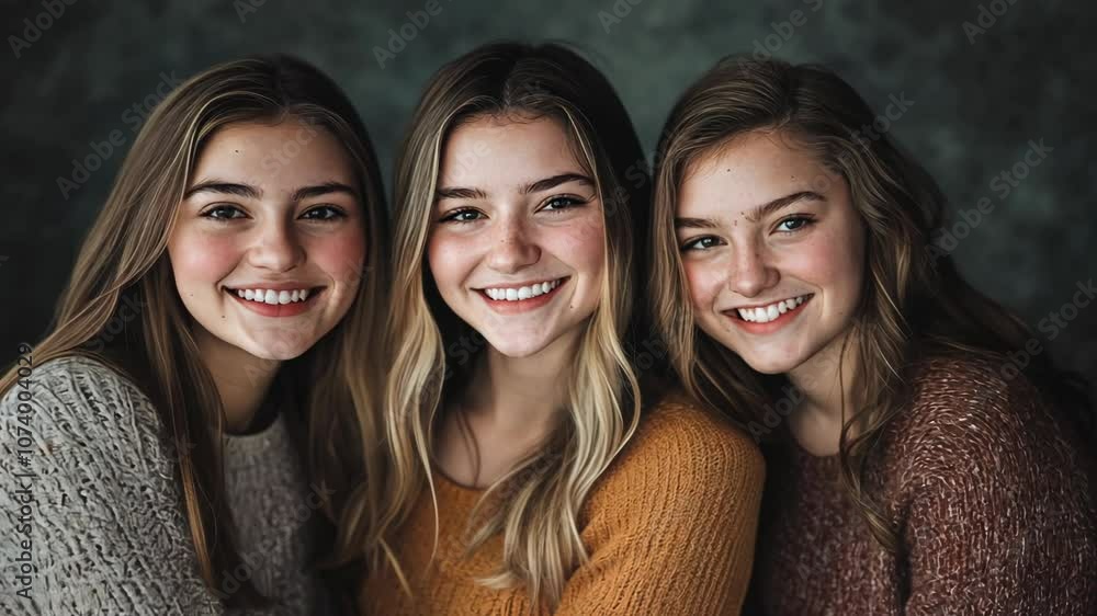 Three young women smile for the camera, wearing cozy sweaters Three young women smile for the camera, wearing cozy sweaters