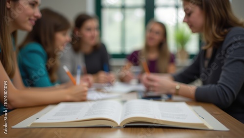 Open book on table in focus, blurred group of people discussing in background, concept of study or meeting. Generative, AI,