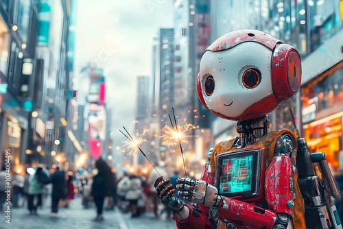 Cute red robot with white face holding sparklers in festive city street at night. Futuristic trends concept for the evolvement of AI and technology in the new year