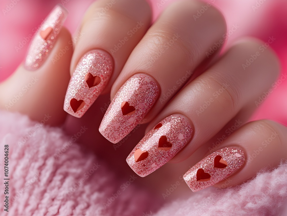 Pink Valentine's Day glitter nails with red hearts on cozy pink background with a sweater. Cute manicure closeup for nail salon promo Pink Valentine's Day glitter nails with red hearts on cozy pink background with a sweater. Cute manicure closeup for nail salon promo