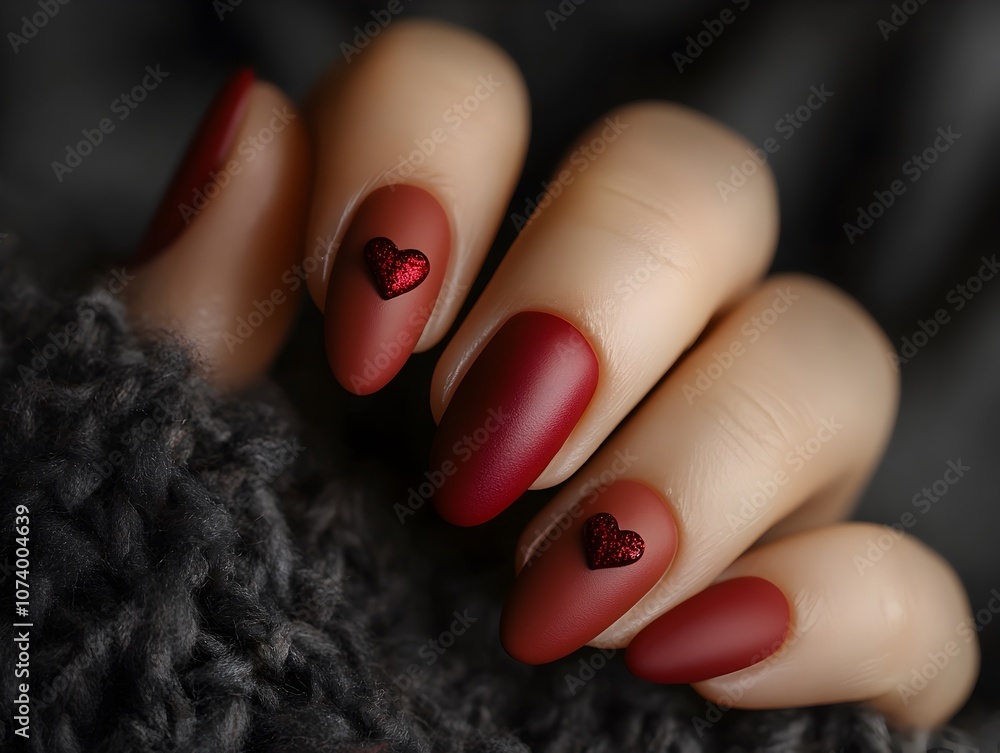 Matte red nails with small glitter heart accents on soft dark background with a cozy sweater. Cute manicure closeup for nail salon promo on Valentine's Day Matte red nails with small glitter heart accents on soft dark background with a cozy sweater. Cute manicure closeup for nail salon promo on Valentine's Day
