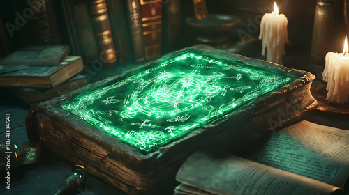 Emerald tablet of thoth / hermes trismegistus glowing with ancient symbols, set in mystical, candlelit study. scrolls and books in background add to arcane atmosphere. Arcane. Illustration photo