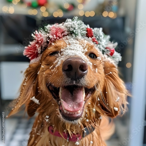 Golden retriever dog with holiday wreath and snow on face, smiling happily photo