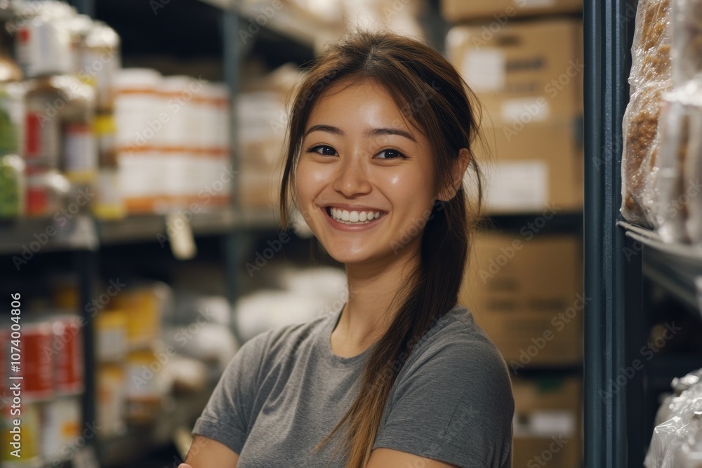 Young woman volunteer smiling while working in food bank warehouse, organizing food and supplies Young woman volunteer smiling while working in food bank warehouse, organizing food and supplies