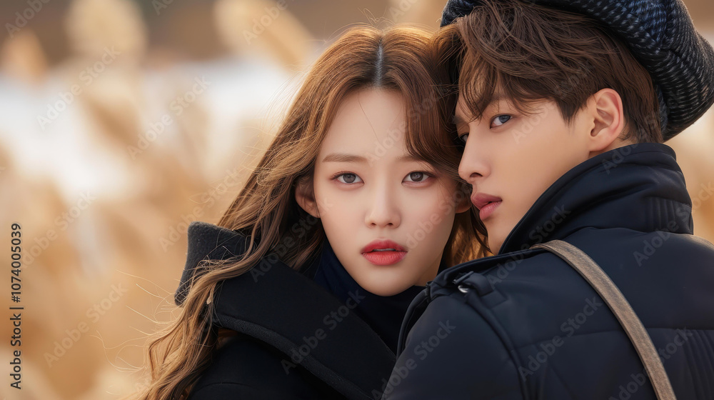 A stylish modern couple, embodying romance and charm, reminiscent of a heartwarming Korean drama. Their long hair flows with grace. A stylish modern couple, embodying romance and charm, reminiscent of a heartwarming Korean drama. Their long hair flows with grace.