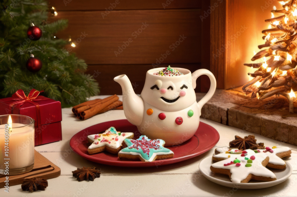 Fototapeta premium Cozy Christmas Tea with Gingerbread Cookies, Spices, and Holiday Decorations.