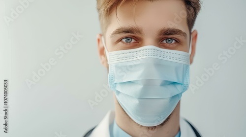 Skilled doctor in a white coat and mask stands confidently in the hospital, ready to care for his patients.