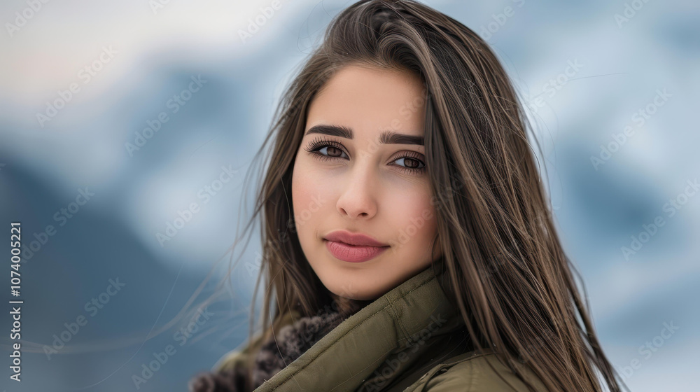 A young, stunning girl poses gracefully against a breathtaking mountain backdrop, exuding charm and elegance. A young, stunning girl poses gracefully against a breathtaking mountain backdrop, exuding charm and elegance.