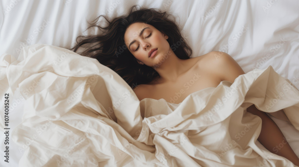 A serene young woman enjoys a peaceful nights sleep, wrapped in cozy blankets at home, radiating beauty and tranquility. A serene young woman enjoys a peaceful nights sleep, wrapped in cozy blankets at home, radiating beauty and tranquility.
