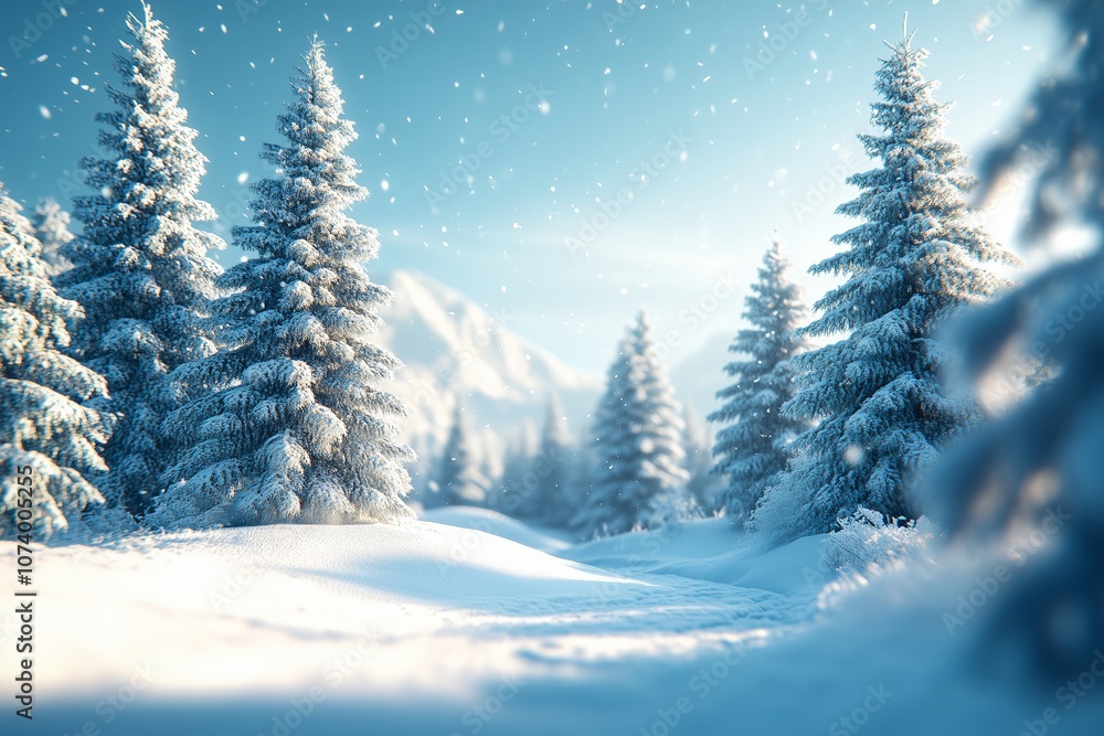 Obraz premium A serene winter landscape featuring a forest of snow-laden pine trees under a clear blue sky.