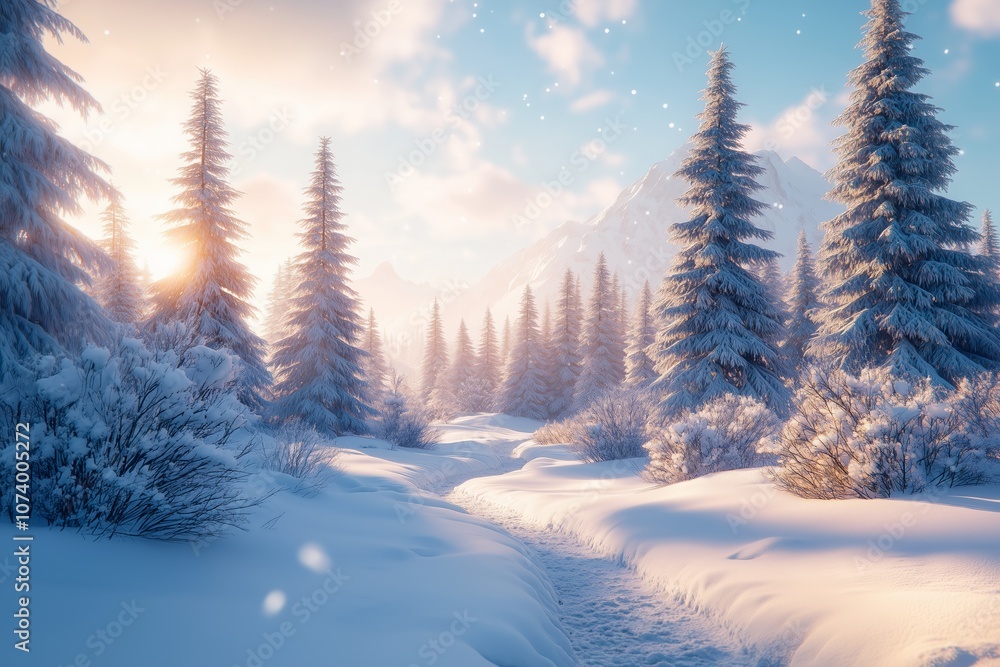A breathtaking winter scene featuring tall, snow-laden pine trees bathed in the soft light of sunrise. A breathtaking winter scene featuring tall, snow-laden pine trees bathed in the soft light of sunrise.