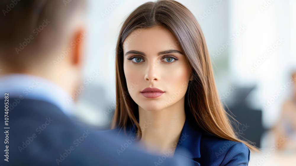 A young businesswoman conducts a professional interview with her male colleague in a modern office setting. A young businesswoman conducts a professional interview with her male colleague in a modern office setting.