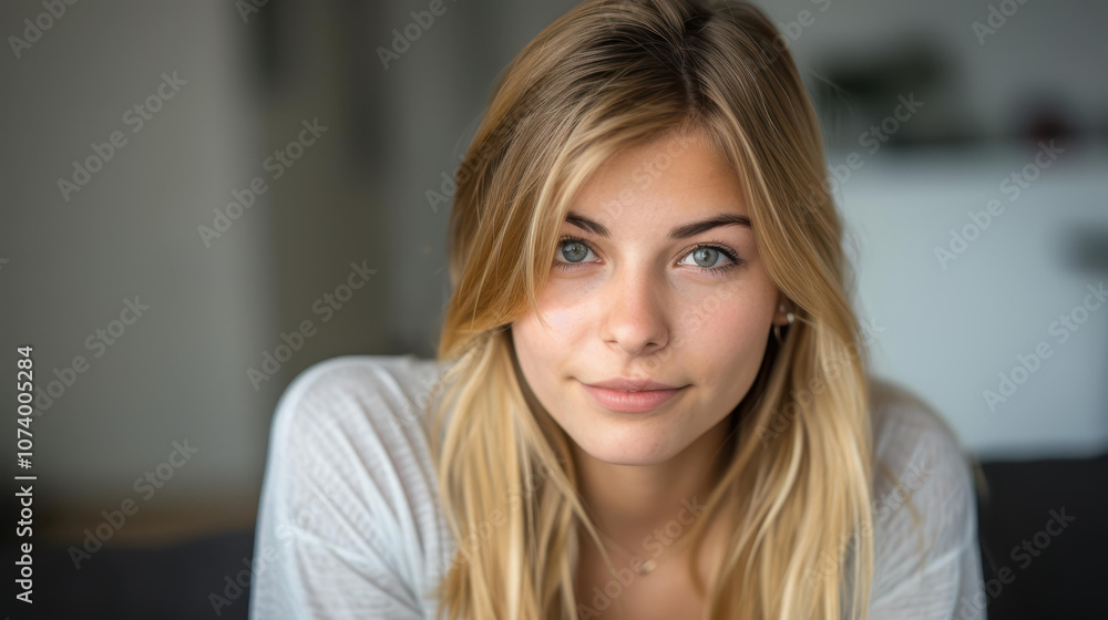 A young woman relaxes on her couch, radiating warmth and comfort in a cozy living room setting. A young woman relaxes on her couch, radiating warmth and comfort in a cozy living room setting.