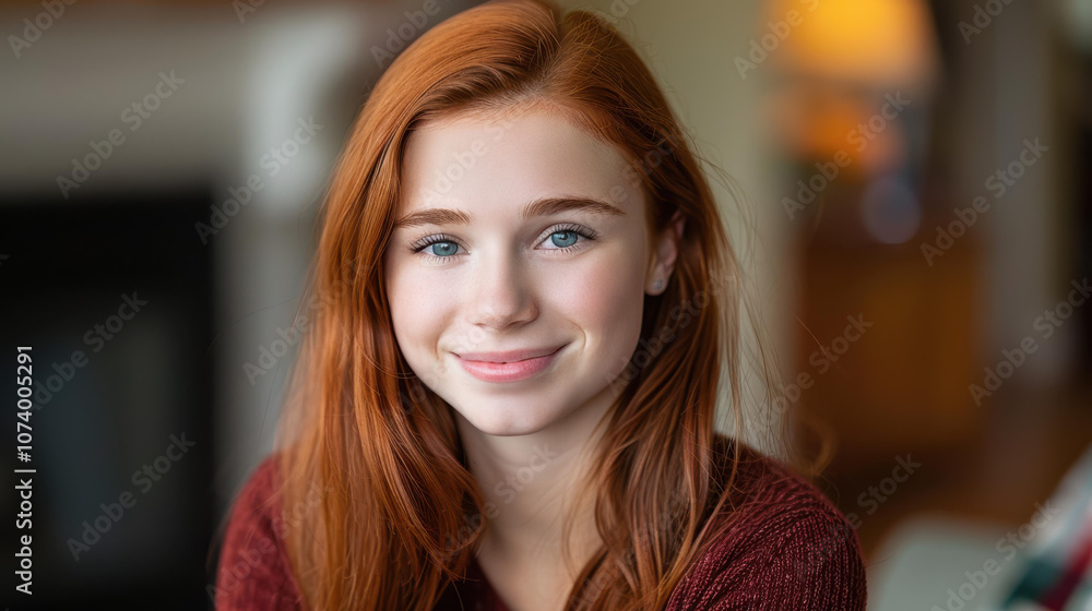 A young woman relaxes on her couch, radiating warmth and comfort in a cozy living room setting.